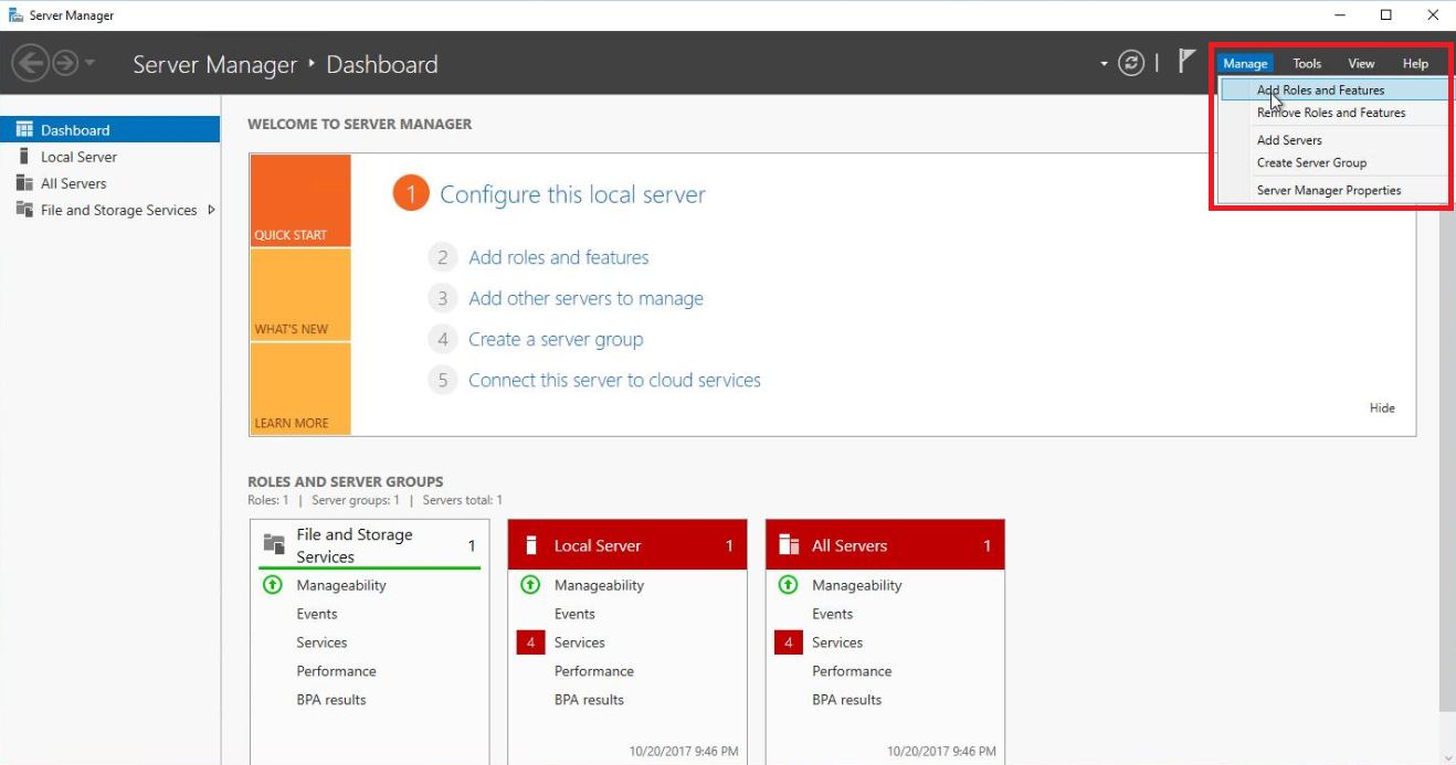 From the Manage menu, select Add Roles and Features.