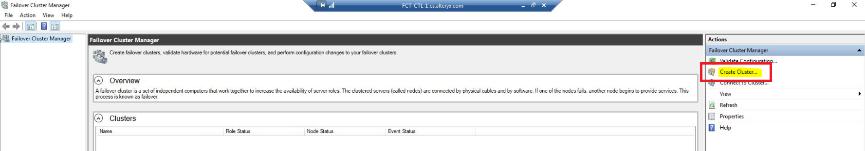 Within the Actions pane of the Failover Cluster Manager console, select Create Cluster.