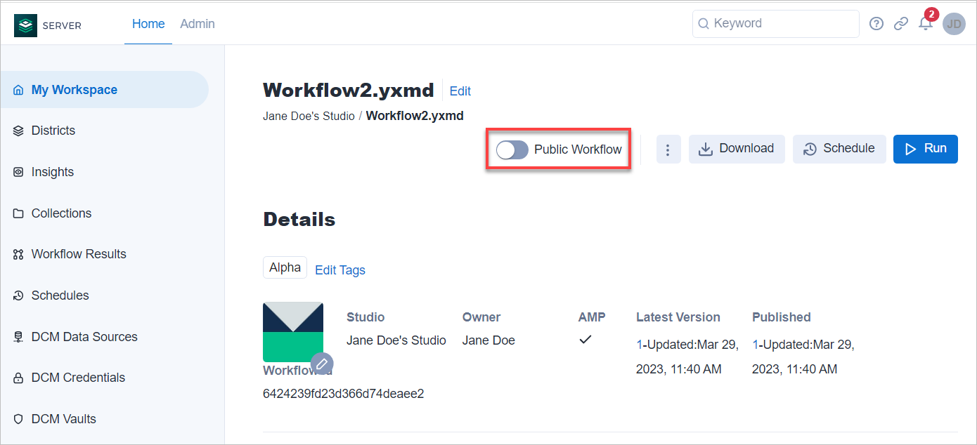 From the workflow details page, select Public Workflow.