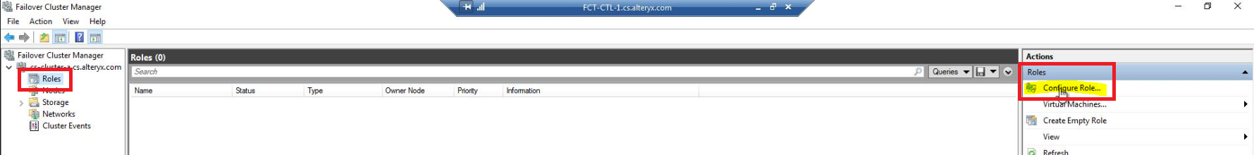 Within the Failover Cluster Manager console, expand the newly created Cluster, highlight Roles on the left and from within the Actions menu on the right, select Configure Role.