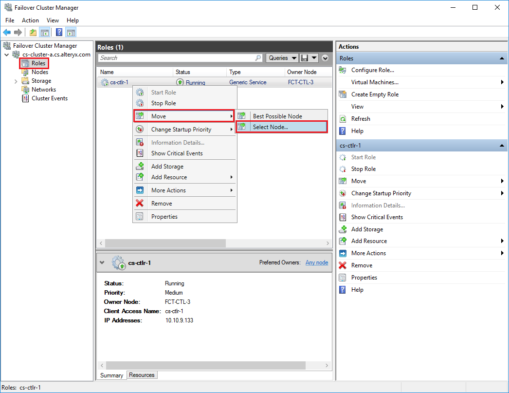 Within the Roles section of the newly created cluster, right-click the role and select Move Select Node…