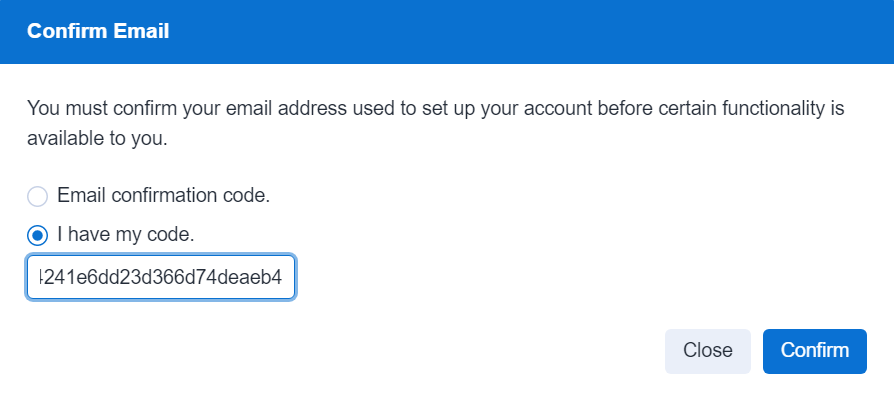 Enter the code from your confirmation email in the Confirmation Code field to confirm your email.